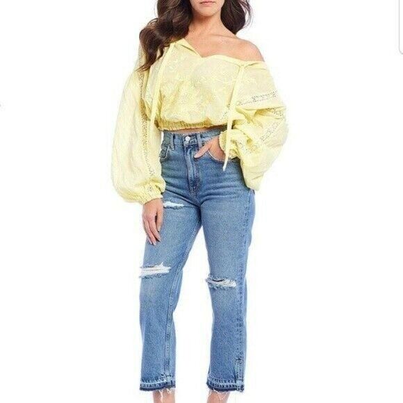 Free People $128 Maria Maria Yellow Embroidered Peasant Boho Blouse Top Small - Picture 2 of 8